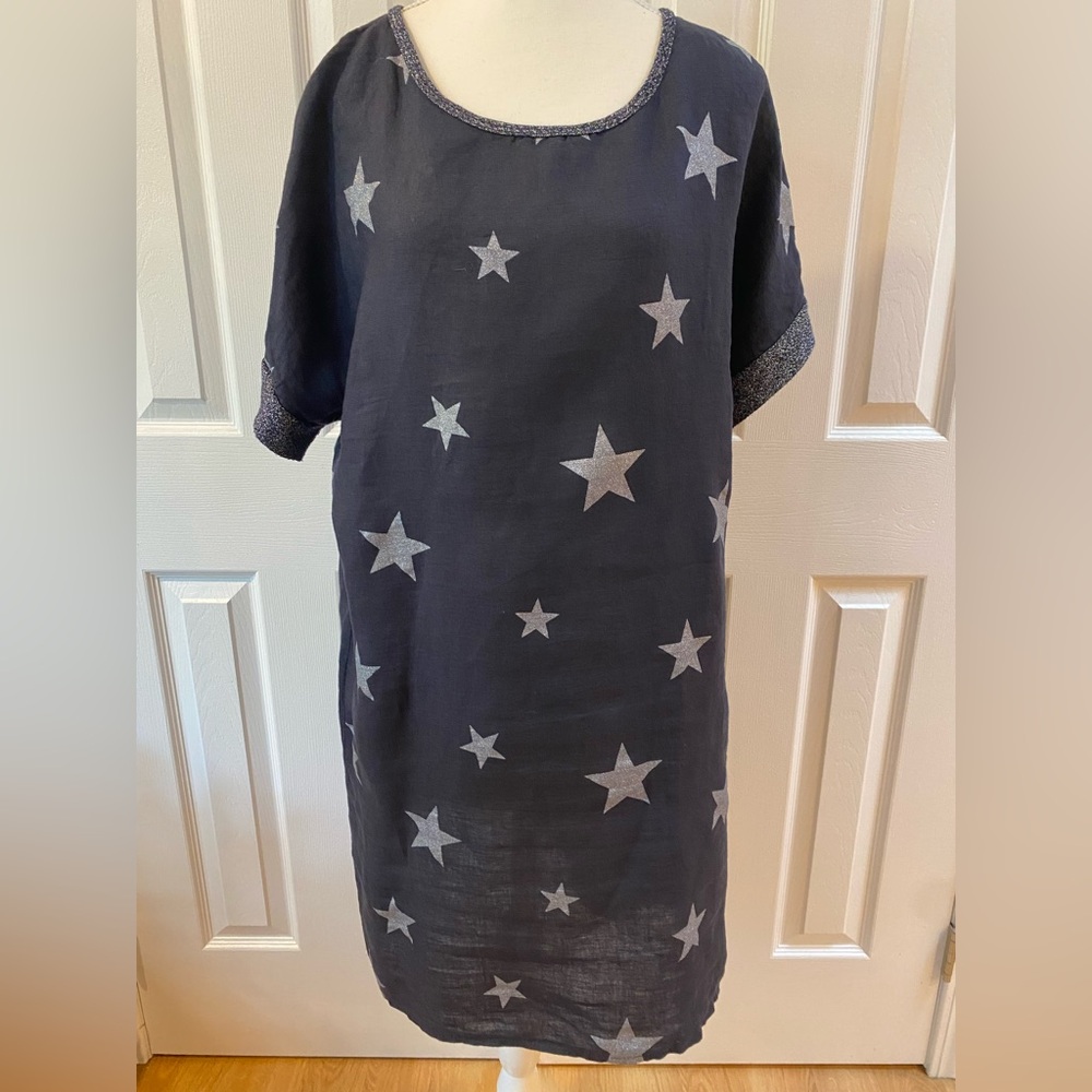 Bella Umbra Navy Blue Star Print Made in Italy Linen Dress Size L